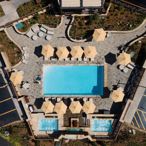 An aerial view of the new pool and spa area